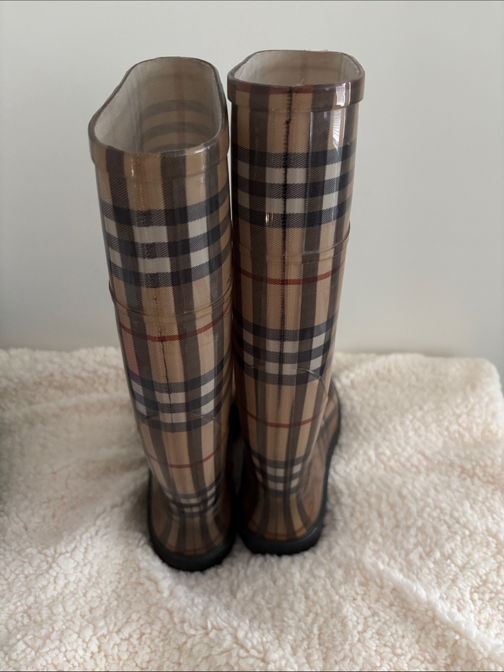 Burberry Tan Plaid Glossy Tall Rain Boots - Picture 3 of 6